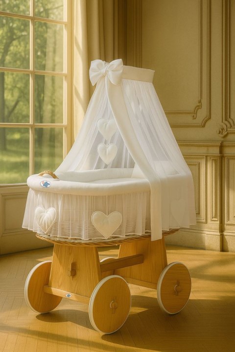 My Sweet Baby Wiklinowy kosz Mojżesza z baldachimem Amelia - naturalny + biała pościel