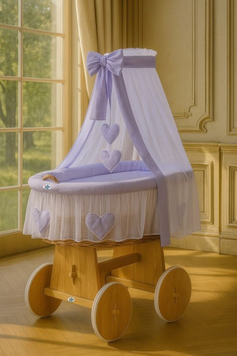 My Sweet Baby Wiklinowy kosz Mojżesza z baldachimem Amelia - naturalny + fioletowa pościel