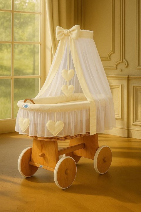 My Sweet Baby Wiklinowy kosz Mojżesza z baldachimem Amelia - naturalny + kremowa pościel