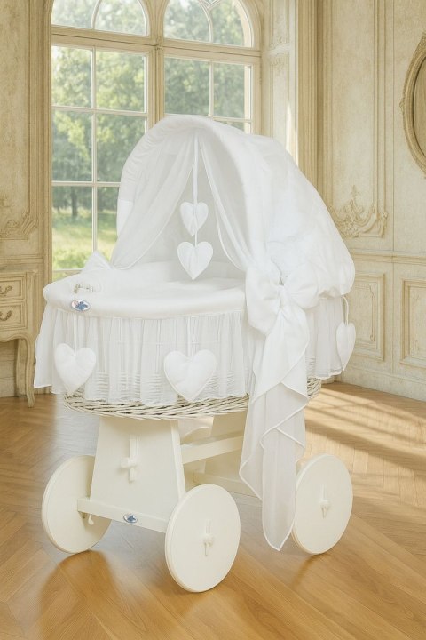 My Sweet Baby Wiklinowy kosz Mojżesza ze składaną budką Amelia - biały + biała pościel