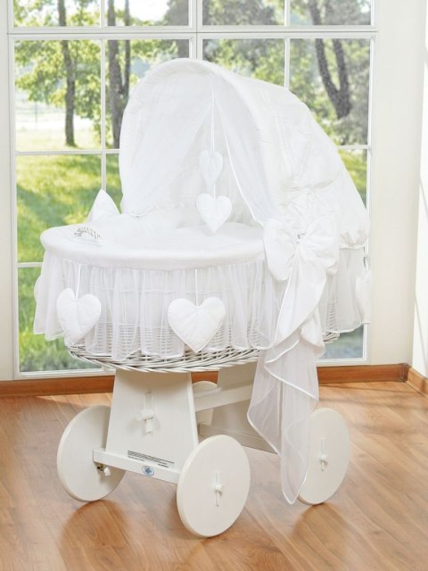 My Sweet Baby Wiklinowy kosz Mojżesza ze składaną budką Amelia - biały + biała pościel