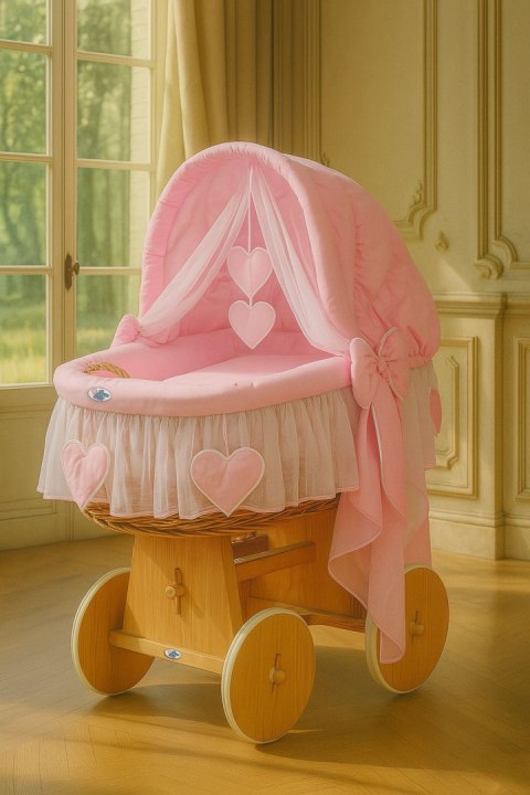 My Sweet Baby Wiklinowy kosz Mojżesza ze składaną budką Amelia - naturalny + różowa pościel