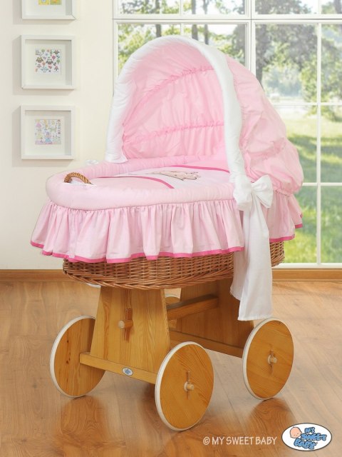 My Sweet Baby Kosz Mojżesza z budą- Miś Barnaba naturalny + różowo-biała pościel z haftem