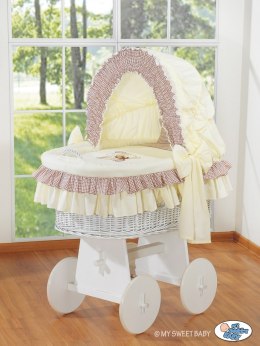 My Sweet Baby Kosz Mojżesza z budką- Miś z kokardką biały + kremowo-brązowo pościel z haftem