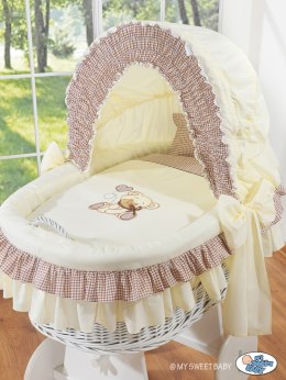 My Sweet Baby Kosz Mojżesza z budką- Miś z kokardką biały + kremowo-brązowo pościel z haftem