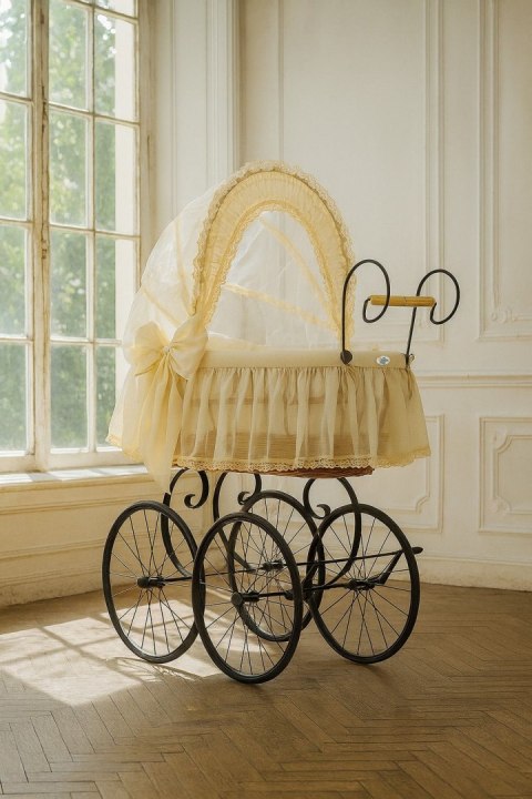 My Sweet Baby Luxury Wiklinowy kosz Mojżesza Retro ze składaną budką Elisa - naturalny + kremowa pościel z koronką