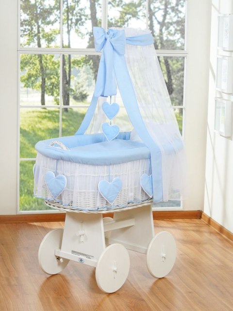 My Sweet Baby Wiklinowy kosz Mojżesza z baldachimem Amelia - biały + niebieska pościel