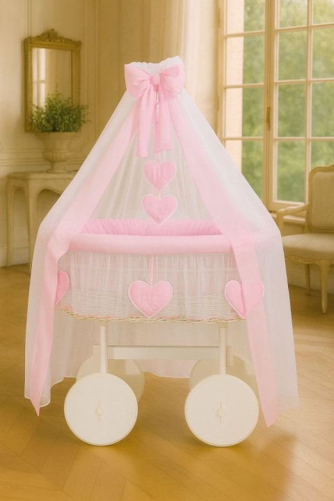 My Sweet Baby Wiklinowy kosz Mojżesza z baldachimem Deluxe Amelia - biały + różowa pościel