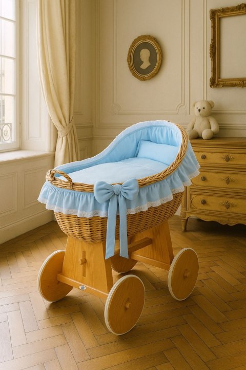 My Sweet Baby Wiklinowy kosz Mojżesza z budką wiklinową Carina - naturalny + niebieska pościel