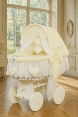 My Sweet Baby Wiklinowy kosz Mojżesza ze składaną budką Amelia - biały + kremowa pościel