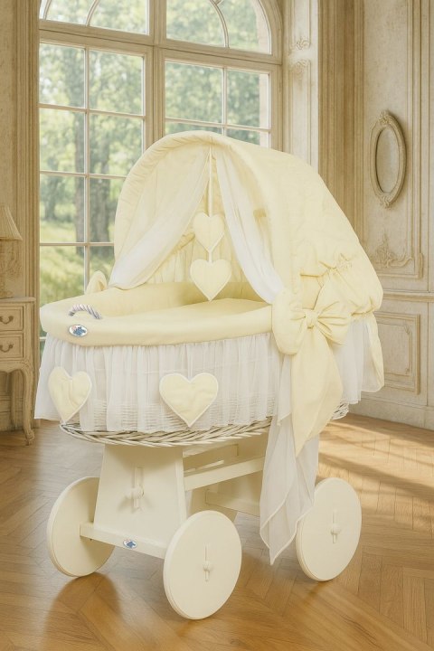 My Sweet Baby Wiklinowy kosz Mojżesza ze składaną budką Amelia - biały + kremowa pościel
