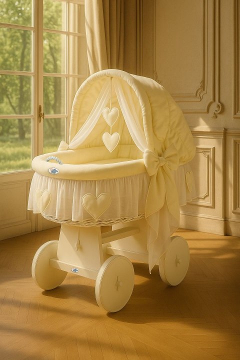 My Sweet Baby Wiklinowy kosz Mojżesza ze składaną budką Amelia - biały + kremowa pościel