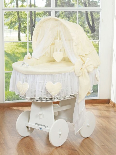 My Sweet Baby Wiklinowy kosz Mojżesza ze składaną budką Amelia - biały + kremowa pościel