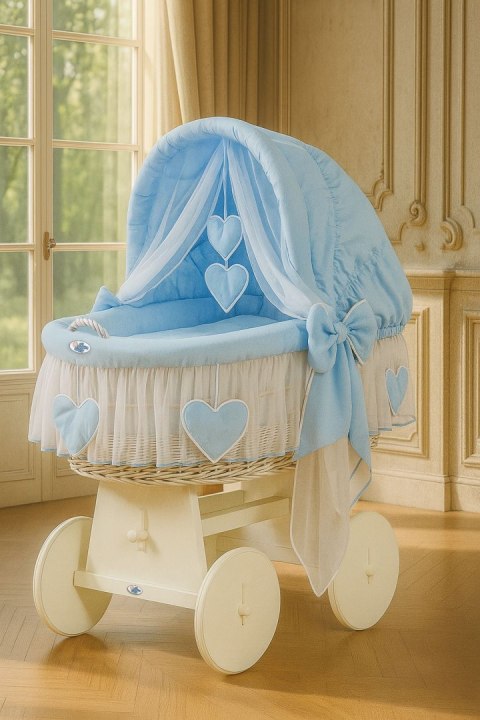 My Sweet Baby Wiklinowy kosz Mojżesza ze składaną budką Amelia - biały + niebieska pościel