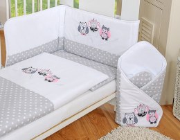 My Sweet Baby Komplet pościeli dla dzieci 135x100cm z ochraniaczem 3-cz Sówki szare z haftem szaro-różowym