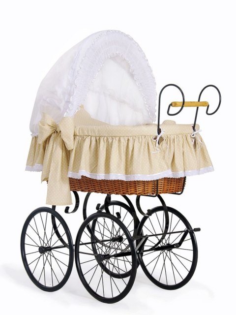 My Sweet Baby Luxury Wiklinowy kosz Mojżesza Retro ze składaną budką Christine - naturalny + beżowa pościel z koronką