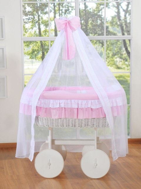 My Sweet Baby Wiklinowy kosz Mojżesza z baldachimem Deluxe Bellamy - biały + różowa pościel