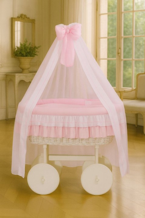 My Sweet Baby Wiklinowy kosz Mojżesza z baldachimem Deluxe Bellamy - biały + różowa pościel