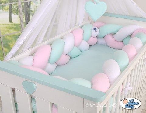 My Sweet Baby Ochraniacz warkocz pleciony do łóżeczka XXL - biało-różowo - miętowy