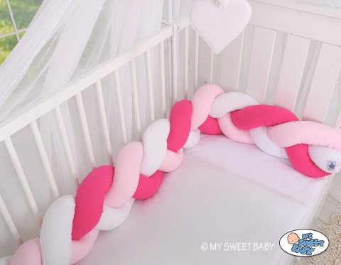 My Sweet Baby Ochraniacz warkocz pleciony do łóżeczka - biały-różowy-ciemnoróżowy